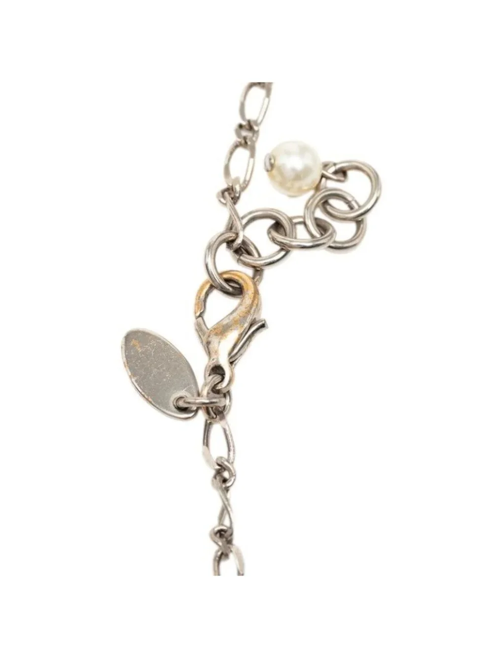Chanel CC Logo Chain Pendant Silver Metal Faux Pearl